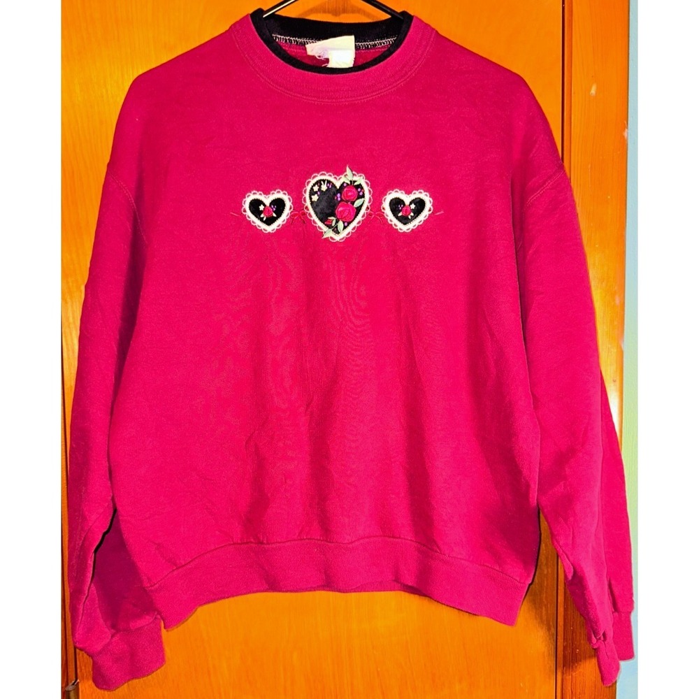 Top Stitch Vintage Embroidered Hearts Double Collar Grandmacore Sweatshirt Large